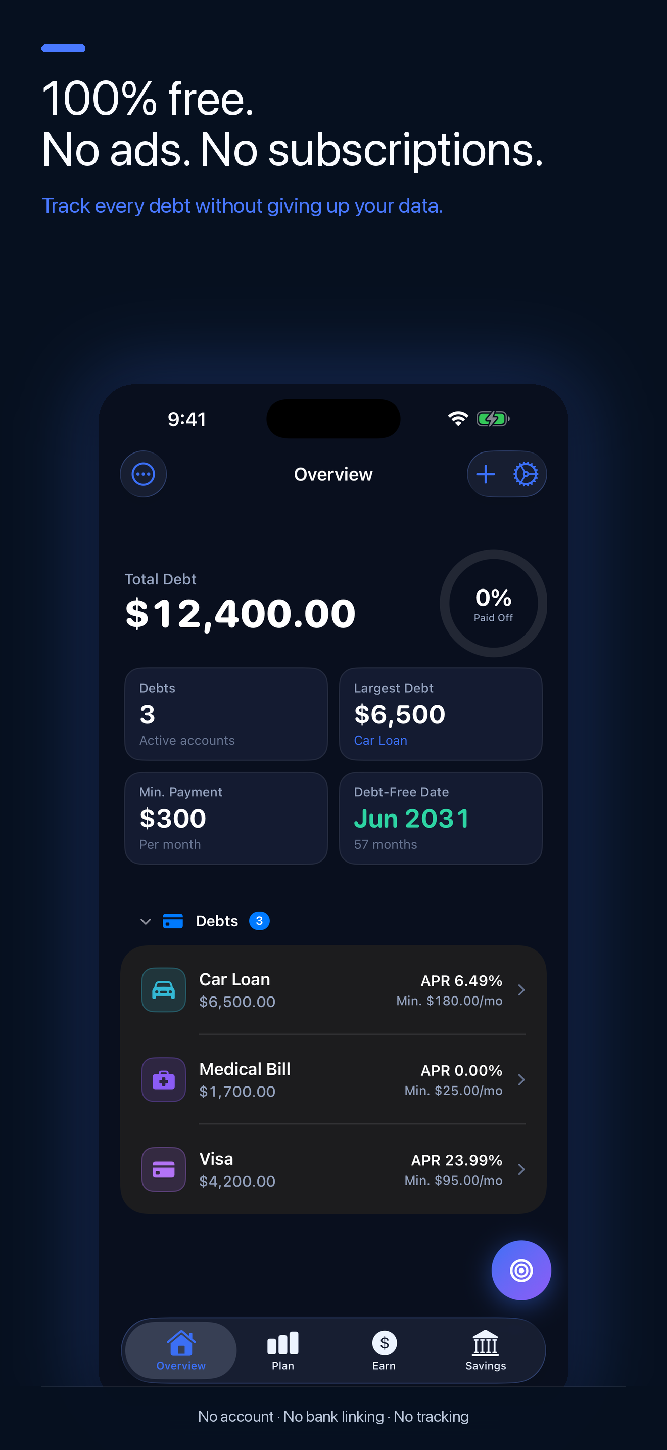Screenshot of Debtless app showing debt overview, individual accounts like Car Loan and Medical Bill, and total debt of $12,400 with a projected payoff of June 2031