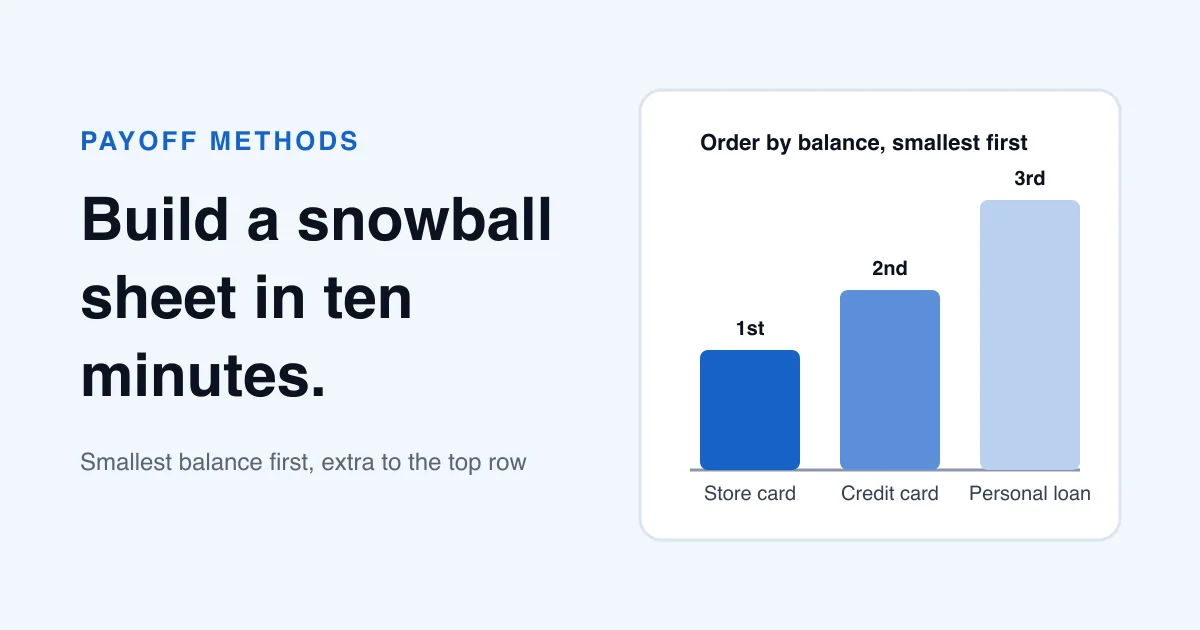 Three bars rising from left to right, labeled store card, credit card and personal loan, beside a headline about building a snowball sheet