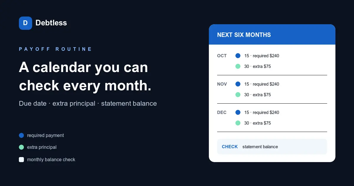 A six-month loan payoff calendar with due dates, extra-payment dates, and balance checkpoints