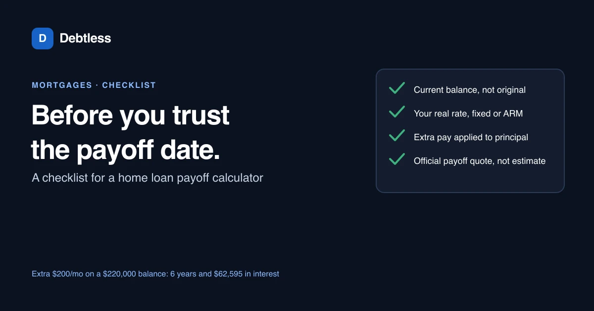 A checklist card with check marks next to a house icon, representing a home loan payoff calculator checklist