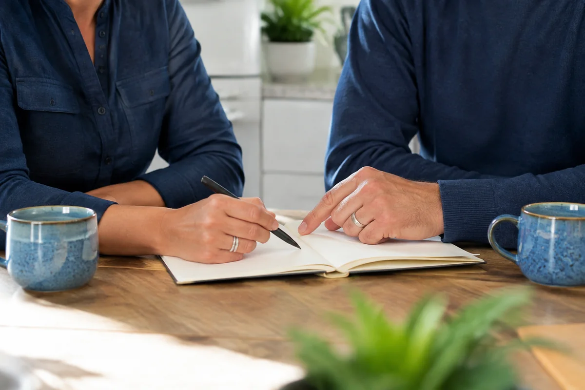 Two adults reviewing a notebook together at a kitchen table