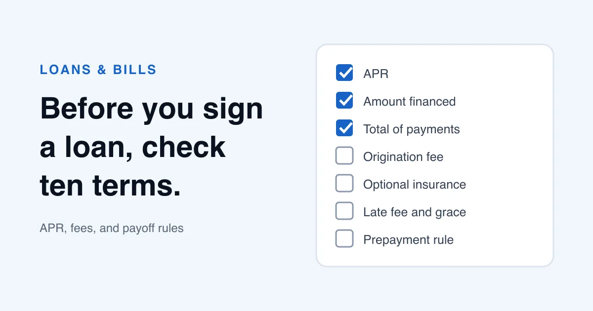 A blue checklist card with ten check boxes beside a loan document and a pen