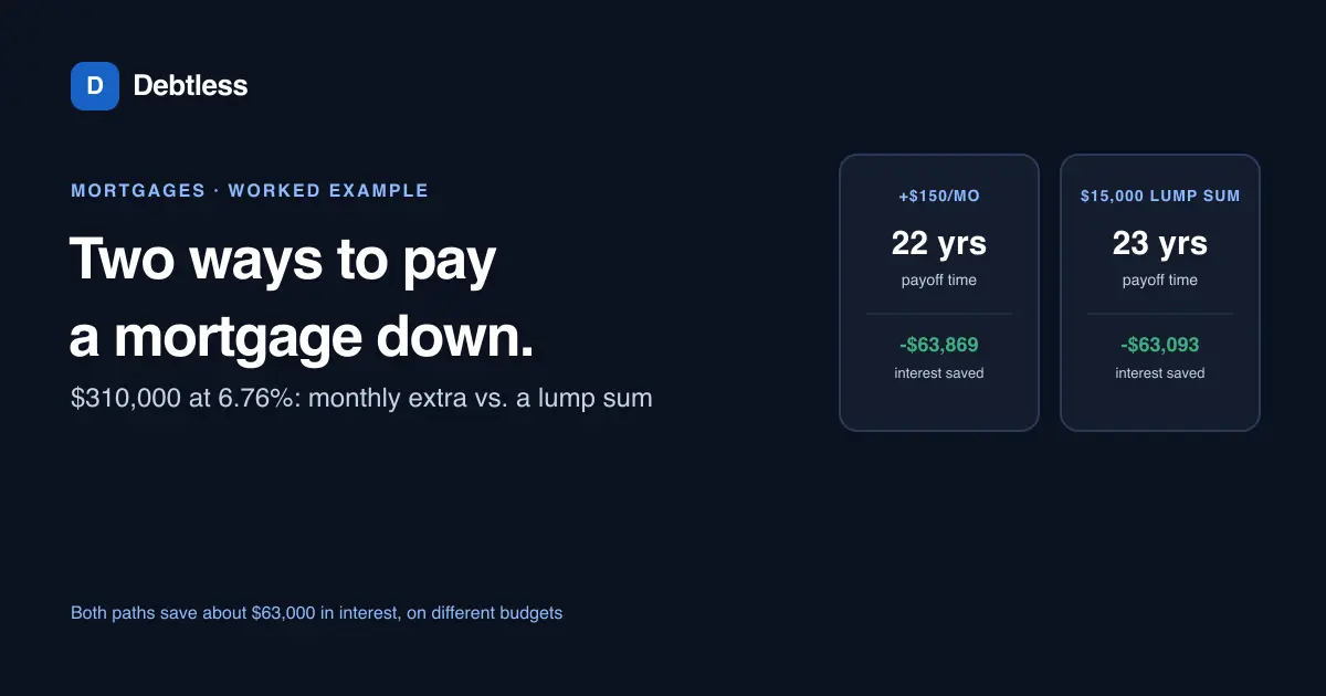 A mortgage balance splitting into two paths, one with a monthly extra payment and one with a lump sum, showing a pay-down comparison