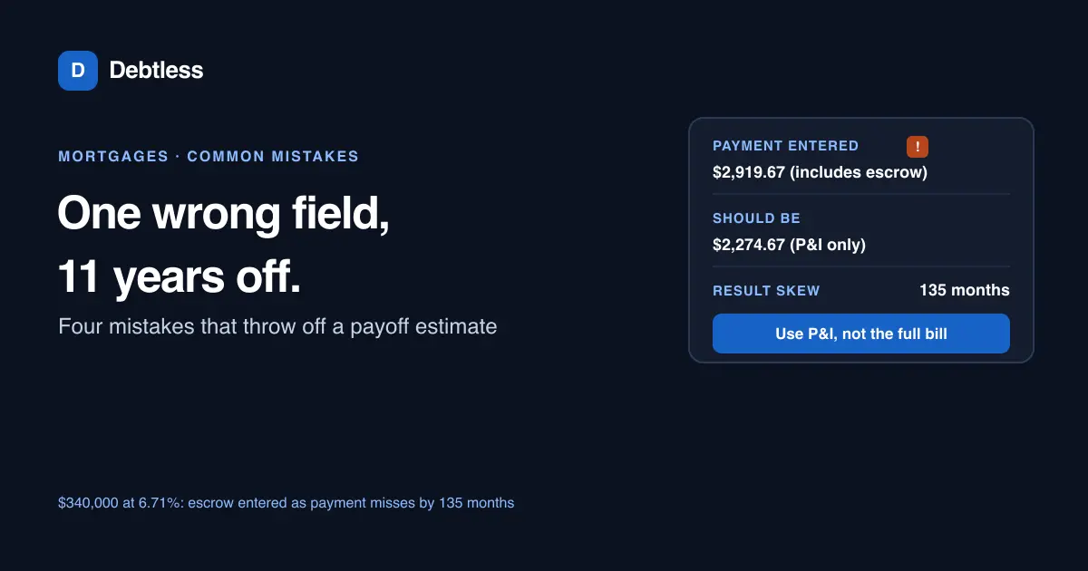 A payoff estimator screen with a warning icon over a payment field that mixes escrow into the loan balance