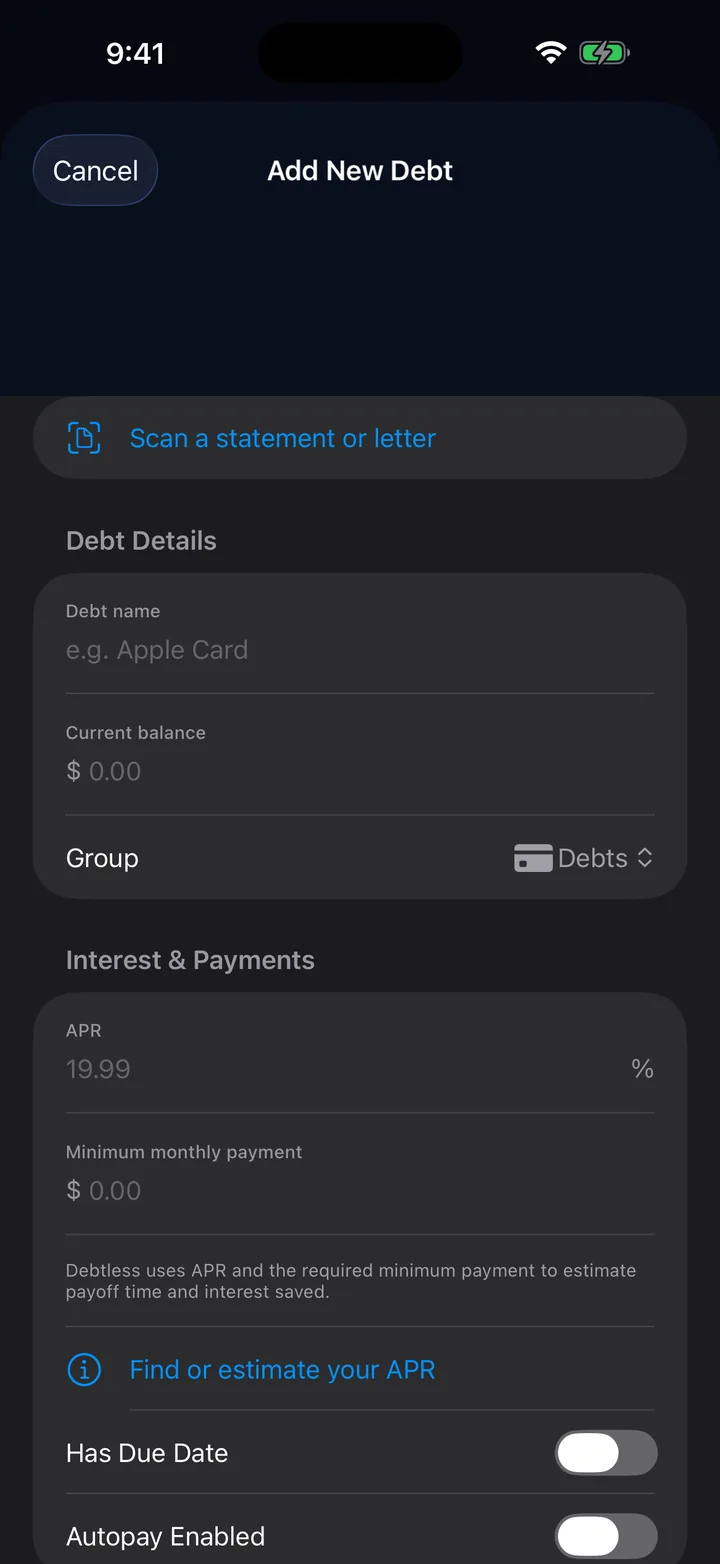 Add New Debt screen with a statement scan button and fields for debt name, current balance, APR and minimum monthly payment